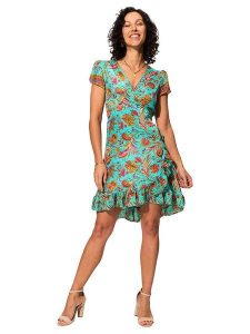 Aller Simplement Sukienka w kolorze turkusowym ze wzorem rozmiar: 38/40. Niebieskie sukienki Aller Simplement, na co dzień, bez wzorów, bez kołnierzyka, bez ramiączek, mini, kopertowe. Za 56,99 zł.