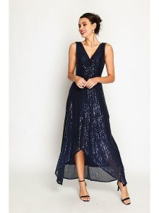 ASSUILI Sukienka w kolorze granatowym rozmiar: 42. Niebieskie sukienki Assuili, bez wzorów, klasyczne, z asymetrycznym kołnierzem, bez ramiączek, maxi, asymetryczne. Za 198,10 zł.