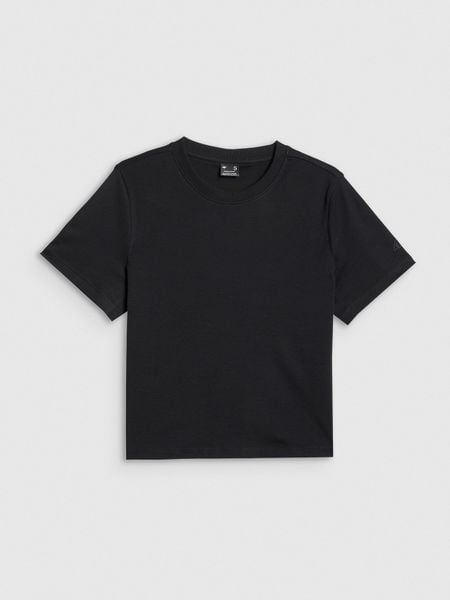 4F T-shirt regular gładki damski - czarny M. Czarne t-shirty 4f, m, bez wzorów, z bawełny, bez kołnierzyka, bez ramiączek. W wyprzedaży za 49,99 zł.