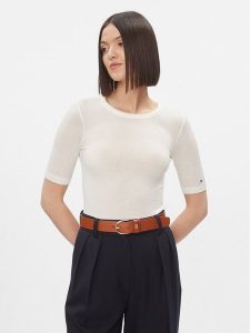 Tommy Hilfiger T-Shirt Slim Soft Tencel C-Nk 1/2Slv WW0WW39789 Écru Slim Fit. T-shirty TOMMY HILFIGER, m, bez wzorów, z wiskozy, bez kołnierzyka, bez ramiączek. Za 259,99 zł.