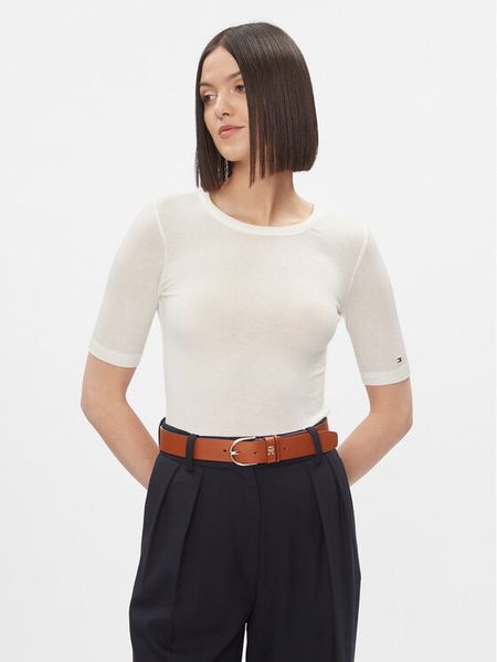 Tommy Hilfiger T-Shirt Slim Soft Tencel C-Nk 1/2Slv WW0WW39789 Écru Slim Fit. T-shirty TOMMY HILFIGER, m, bez wzorów, z wiskozy, bez kołnierzyka, bez ramiączek. Za 209,99 zł.