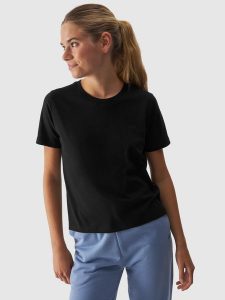 4F T-shirt regular gładki damski - czarny L. Czarne t-shirty 4f, l, bez wzorów, z bawełny, bez kołnierzyka, bez ramiączek. W wyprzedaży za 29,99 zł.