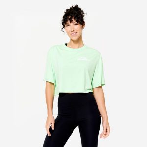 Koszulka z krótkim rękawem damska Domyos Gym & Pilates crop top. Białe bluzki DOMYOS, xl, bez wzorów, z bawełny, sportowe, bez kołnierzyka, bez ramiączek. Za 49,99 zł.