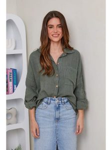 Rodier Lin Lniana koszula w kolorze khaki rozmiar: XL/XXL. Brązowe koszule Rodier Lin, xl, bez wzorów, ze lnu, bez kołnierzyka, bez ramiączek. Za 164,95 zł.