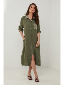 Rodier Lin Lniana sukienka w kolorze khaki rozmiar: S/M. Brązowe sukienki Rodier Lin, m, bez wzorów, ze lnu, bez kołnierzyka, bez ramiączek, midi. Za 197,63 zł.