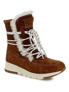 Kimberfeel Kozaki zimowe "Alyssia" w kolorze jasnobrązowym rozmiar: 38. Brązowe kozaki Kimberfeel, na zimę, bez wzorów, z materiału, z okrągłym noskiem, bez obcasa, bez zapięcia. Za 304,99 zł.
