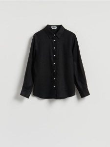 Lniana koszula - czarny. Czarne koszule Reserved, l, bez wzorów, z tkaniny, bez kołnierzyka, bez ramiączek. Za 149,99 zł.