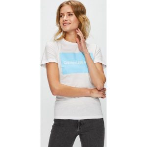 Calvin Klein Jeans - Top. Szare t-shirty marki Calvin Klein Jeans, z nadrukiem, z bawełny, z okrągłym kołnierzem, z krótkim rękawem. W wyprzedaży za 159,90 zł.
