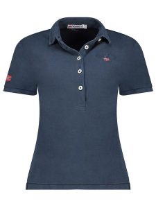 Geographical Norway Koszulka polo "Kars" w kolorze granatowym rozmiar: L. Niebieskie bluzki Geographical Norway, l, bez wzorów, z bawełny, bez kołnierzyka, bez ramiączek. Za 96,60 zł.