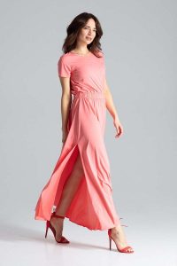 Koralowa Sukienka Maxi z Podkreśloną Talią. Pomarańczowe sukienki Katrus, l, bez wzorów, z elastanu, bez kołnierzyka, bez ramiączek, maxi. Za 299,00 zł.