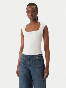 Tommy Jeans Top Smock Seersucker DW0DW22220 Biały Slim Fit. Białe topy Tommy Jeans, l, bez wzorów, z jeansu, bez kołnierzyka, bez ramiączek. Za 149,99 zł.
