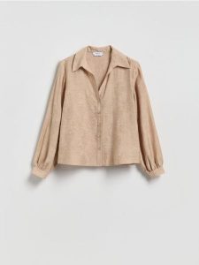 Koszula z haftowanym wzorem - beżowy. Brązowe koszule Reserved, l, bez wzorów, z tkaniny, bez kołnierzyka, bez ramiączek. Za 139,99 zł.