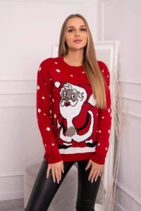 Sweter ze Świętym Mikołajem czerwony. Czerwone swetry klasyczne KESI, l, z wełny, bez kołnierzyka, plus size. Za 99,32 zł.