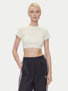 Adidas T-Shirt Ribbed JD0040 Beżowy Slim Fit. Brązowe t-shirty ADIDAS, m, bez wzorów, z bawełny, bez kołnierzyka, bez ramiączek. Za 119,99 zł.