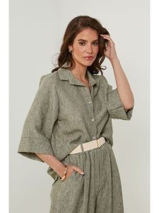 Rodier Lin Lniana bluzka w kolorze khaki rozmiar: L/XL. Brązowe bluzki Rodier Lin, l, bez wzorów, ze lnu, bez kołnierzyka, bez ramiączek. Za 136,78 zł.
