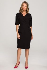 Elegancka sukienka z Kopertowym Dekoltem - Czarna. Czarne sukienki MOE, l, bez wzorów, z elastanu, eleganckie, bez kołnierzyka, bez ramiączek, kopertowe. Za 274,90 zł.