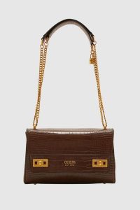 GUESS Brązowa torebka Katey Croc. Brązowe torebki klasyczne Guess, z aplikacjami, ze skóry ekologicznej, na ramię, bez dodatków. W wyprzedaży za 499,99 zł.