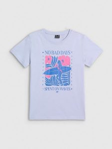4F T-shirt regular z nadrukiem damski - niebieski XL. Niebieskie t-shirty 4f, xl, bez wzorów, z bawełny, bez kołnierzyka, bez ramiączek. Za 59,99 zł.