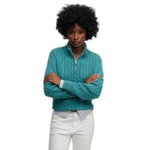 Damski pół-zamek sweter z warkoczowym splotem Superdry. Niebieskie swetry klasyczne Superdry, na zimę, ze splotem, bez kołnierzyka. Za 344,25 zł.