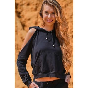 Czarna Krótka Bluza z Rozcięciami na Ramionach. Czarne bluzy Infinite You, l, bez wzorów, z bawełny, bez kaptura. Za 167,90 zł.