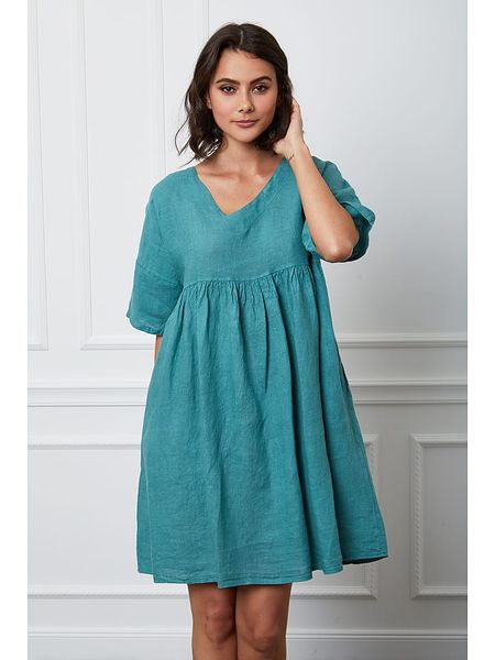 Fleur de Lin Lniana sukienka "Etsy" w kolorze turkusowym rozmiar: XXL. Niebieskie sukienki Fleur de Lin, xxl, bez wzorów, ze lnu, bez kołnierzyka, bez ramiączek, mini. Za 139,87 zł.