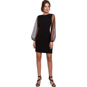 Czarna Szykowna Sukienka z Tiulowym Rękawem. Czarne sukienki MAKEOVER, l, bez wzorów, z elastanu, eleganckie, bez kołnierzyka, bez ramiączek. Za 178,91 zł.