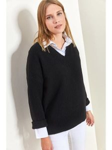 Bianco Lucci Sweter w kolorze czarnym rozmiar: onesize. Czarne swetry oversize Bianco Lucci, bez wzorów, ze splotem, bez ramiączek. Za 78,84 zł.