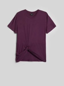4F T-shirt regular z marszczeniem i modalem damski - fioletowy XL. Fioletowe t-shirty 4f, xl, bez wzorów, z materiału, bez kołnierzyka, bez ramiączek. Za 89,99 zł.