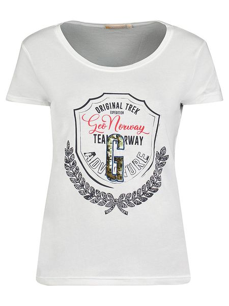 Geographical Norway Koszulka "Jirondelle" w kolorze białym rozmiar: L. Białe bluzki Geographical Norway, l, bez wzorów, bez kołnierzyka, bez ramiączek. Za 56,66 zł.