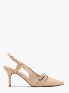 Czółenka slingback z dekoracyjnymi paskami. Brązowe czółenka Ryłko, bez wzorów, z gumy, bez obcasa, na szpilce, bez zapięcia. Za 429,99 zł.