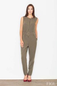 Oliwkowy Elegancki Kombinezon na Suwak z Paskiem. Zielone kombinezony Figl, m, bez wzorów, z materiału, eleganckie, bez kołnierzyka, bez ramiączek. Za 319,00 zł.