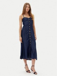Guess Sukienka jeansowa W5GK43 D5N61 Granatowy Regular Fit. Niebieskie sukienki Guess, l, z aplikacjami, z jeansu, bez kołnierzyka, bez ramiączek. Za 339,99 zł.