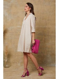 Joséfine Lniana sukienka "Mouna" w kolorze beżowym rozmiar: XL. Brązowe sukienki Joséfine, xl, bez wzorów, ze lnu, bez kołnierzyka, bez ramiączek, midi. Za 152,99 zł.