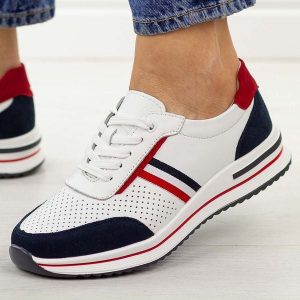 Biało granatowe skórzane półbuty damskie Jezzi 8467. Białe półbuty Jezzi, na jesień, bez wzorów, z jeansu, z okrągłym noskiem, bez obcasa, na płaskiej podeszwie, bez zapięcia. Za 239,00 zł.