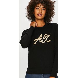 Armani Exchange - Sweter. Czarne swetry klasyczne marki Armani Exchange, z bawełny, z okrągłym kołnierzem. W wyprzedaży za 399,90 zł.