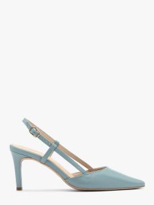Niebieskie czółenka typu slingback OFELIA. Niebieskie czółenka Ryłko, bez wzorów, ze skóry, bez obcasa, na szpilce, bez zapięcia. W wyprzedaży za 269,99 zł.