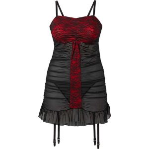 Koszulka z paskami do pończoch + stringi (2 części) bonprix czarno-czerwony. Komplety bielizny marki bonprix. Za 54,99 zł.