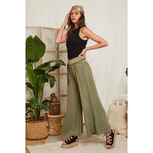 Lin Passion Lniane spodnie w kolorze khaki rozmiar: 38/40. Brązowe spodnie z wysokim stanem Lin Passion, bez wzorów, ze lnu, z podwyższonym stanem. Za 158,47 zł.