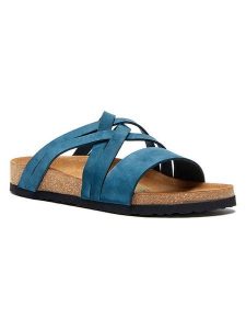 Comfortfusse Skórzane klapki w kolorze granatowym rozmiar: 36. Niebieskie klapki Comfortfüße, bez wzorów, z materiału, z otwartym noskiem, bez obcasa. Za 252,99 zł.