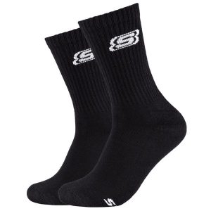 Skarpetki sportowe dla dorosłych 2pk Tennis Cushioned Socks. Czarne skarpetki Skechers, bez wzorów, z bawełny. Za 29,99 zł.