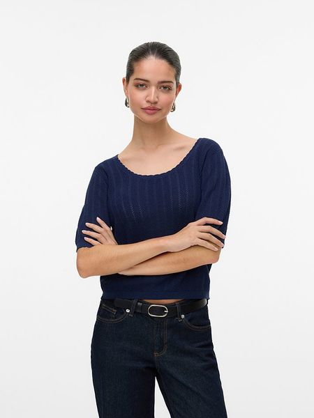 Vero Moda Koszulka w kolorze granatowym rozmiar: L. Niebieskie bluzki Vero Moda, l, bez wzorów, ze splotem, bez kołnierzyka, bez ramiączek. Za 61,17 zł.