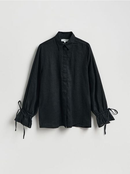 Lniana koszula z wiązaniami - czarny. Czarne koszule Reserved, l, bez wzorów, z tkaniny, bez kołnierzyka, bez ramiączek. Za 199,99 zł.