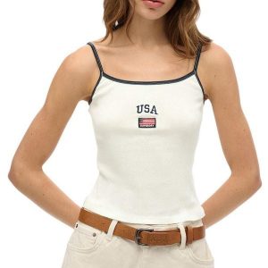 Damski tank top Superdry Athletic Essential. Białe topy Superdry, bez wzorów, sportowe, bez kołnierzyka, bez ramiączek. Za 107,70 zł.