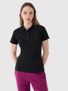 4F Koszulka polo slim damska - czarna S. Czarne bluzki 4f, s, bez wzorów, z bawełny, klasyczne, bez kołnierzyka, bez ramiączek. Za 89,99 zł.