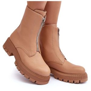 PS1 Skórzane Botki Na Płaskim Obcasie Z Suwakiem Camel Vimal beżowy. Brązowe botki bez wzorów, ze skóry, bez obcasa, na płaskiej podeszwie, bez zapięcia. Za 166,32 zł.