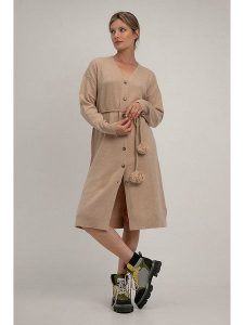 Josephine & Co Wełniana sukienka w kolorze beżowym rozmiar: L. Brązowe sukienki Josephine & Co, na co dzień, l, bez wzorów, z tkaniny, bez kołnierzyka, bez ramiączek, midi, proste. Za 262,29 zł.