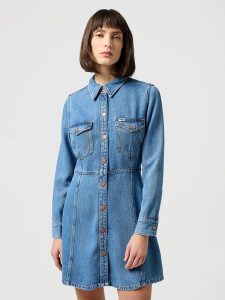 WRANGLER DAMSKA SUKIENKA JEANSOWA WRANGLER A LINE SHIRT DRESS PARTNERS 112350340. Sukienki Wrangler, xs, bez wzorów, z jeansu, bez kołnierzyka, bez ramiączek. Za 199,99 zł.