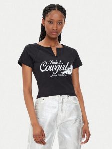 Juicy Couture T-Shirt Ride A Cowgirl JCWCT23333 Czarny Slim Fit. Czarne t-shirty Juicy Couture, s, bez wzorów, z bawełny, bez kołnierzyka, bez ramiączek. Za 129,99 zł.