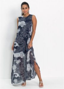 Długa sukienka szyfonowa. Niebieskie sukienki bonprix, na lato, bez wzorów, z szyfonu, eleganckie, bez kołnierzyka, bez ramiączek, maxi. Za 137,99 zł.