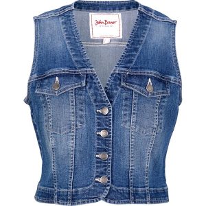 Kamizelka dżinsowa ze stretchem. Niebieskie kamizelki bonprix, bez wzorów, bez kołnierzyka, bez ramiączek, bez kaptura. Za 109,99 zł.